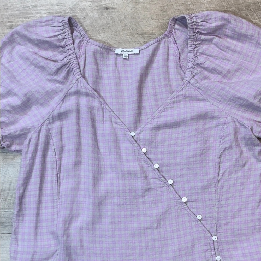 Madewell Women’s Linen Blend Lavender Plaid Puff Sleeve Button Wrap Top Size XL